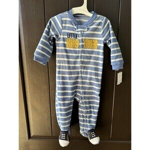 Carter's Baby Boy Size 9M Blue Striped Long Sleeve Romper "Little Brother" NWT